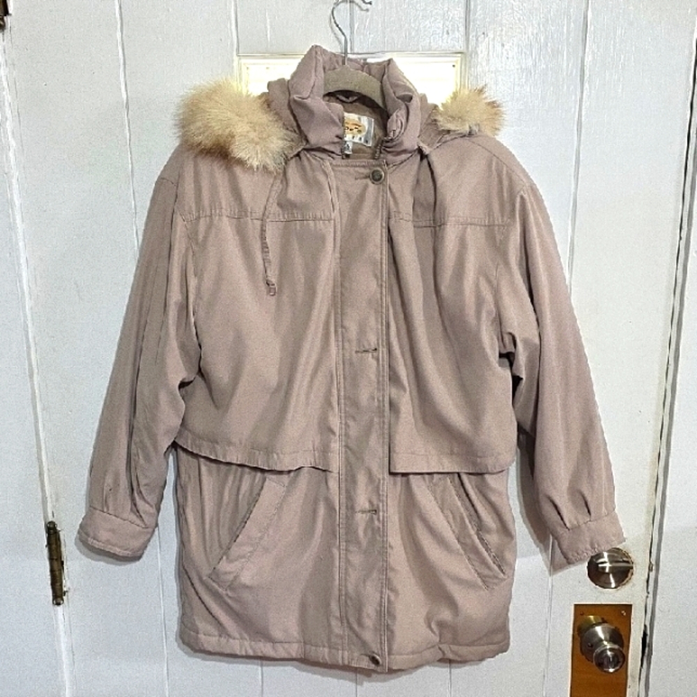 Talbots Womens Coat Tan Hooded Fur Trim Zips Pockets Puffy Winter Sz XS GUC READ